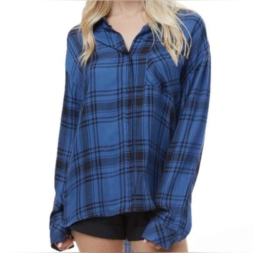 NWT WeWoreWhat Oversized Long Sleeve Plaid Boyfriend Button Shirt S M Blue Black